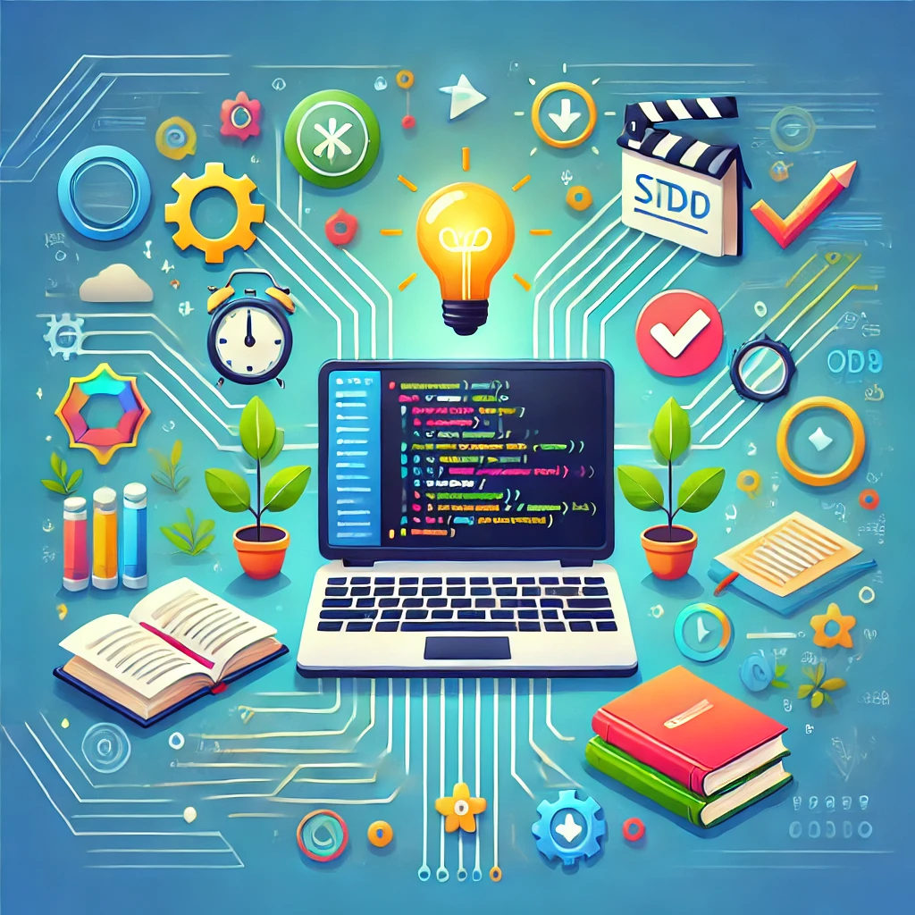 A laptop displaying code surrounded by motivational icons like light bulbs, checkmarks, and books, representing beginner-friendly programming tips.
